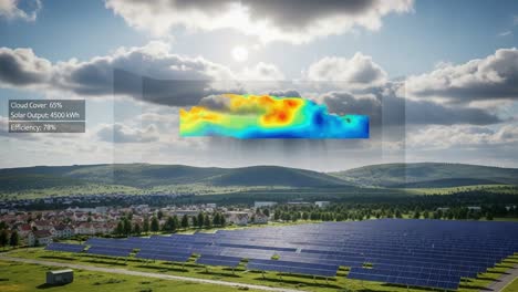 aerial view of solar farm showcasing cloud cover impact on energy efficiency and output metrics with real-time visualization and surrounding landscape