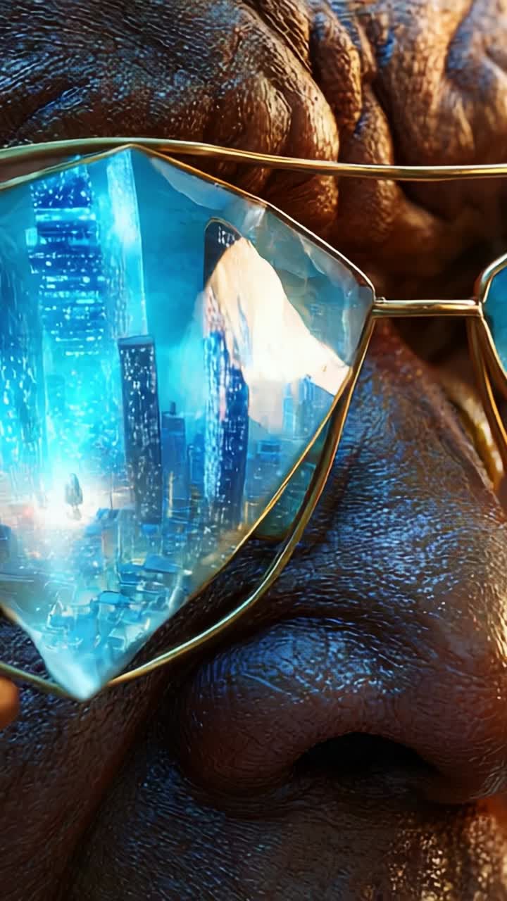 A close-up view of reflective sunglasses reveals a futuristic cityscape, showcasing a blend of advanced technology and urban landscapes captured in vibrant detail