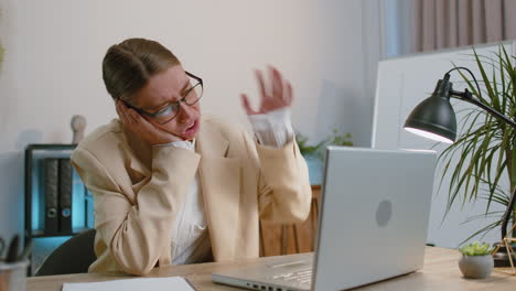 problem, crisis, burnout, bankruptcy, deadline, upset businesswoman drink champagne at home office