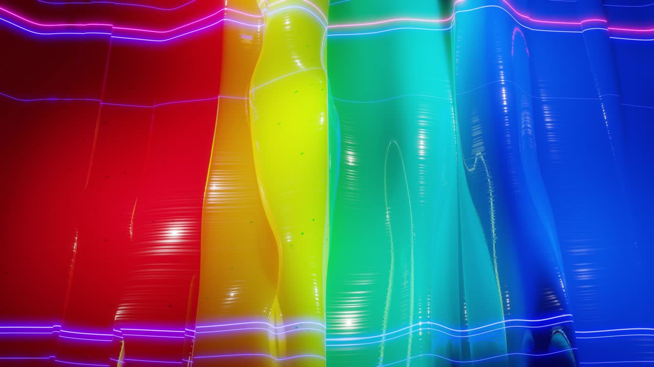 superficie 3d abstracta con hermosas olas, chispas luminosas y gradiente de colores brillantes, colores de arco iris y líneas de brillo. las olas corren en una superficie muy brillante y brillante con brillo brillante. animación en bucle 4k