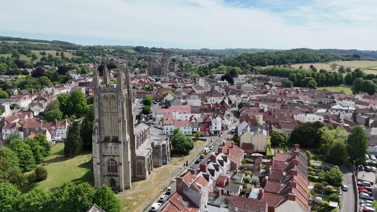 St Cuthbert's Church Wells Somerset Panning drone aerial