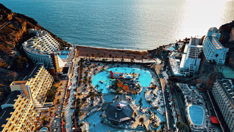 dramatic aerial view of resort in gran canaria, spain during sunset