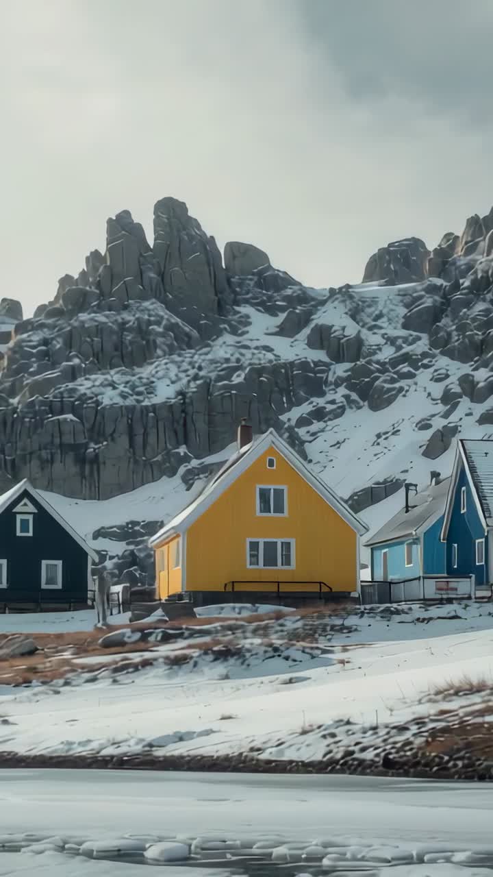 Video verticale: camera con panoramica che inquadra una casa a due falde giallo brillante su una riva ghiacciata, mostrando le scogliere