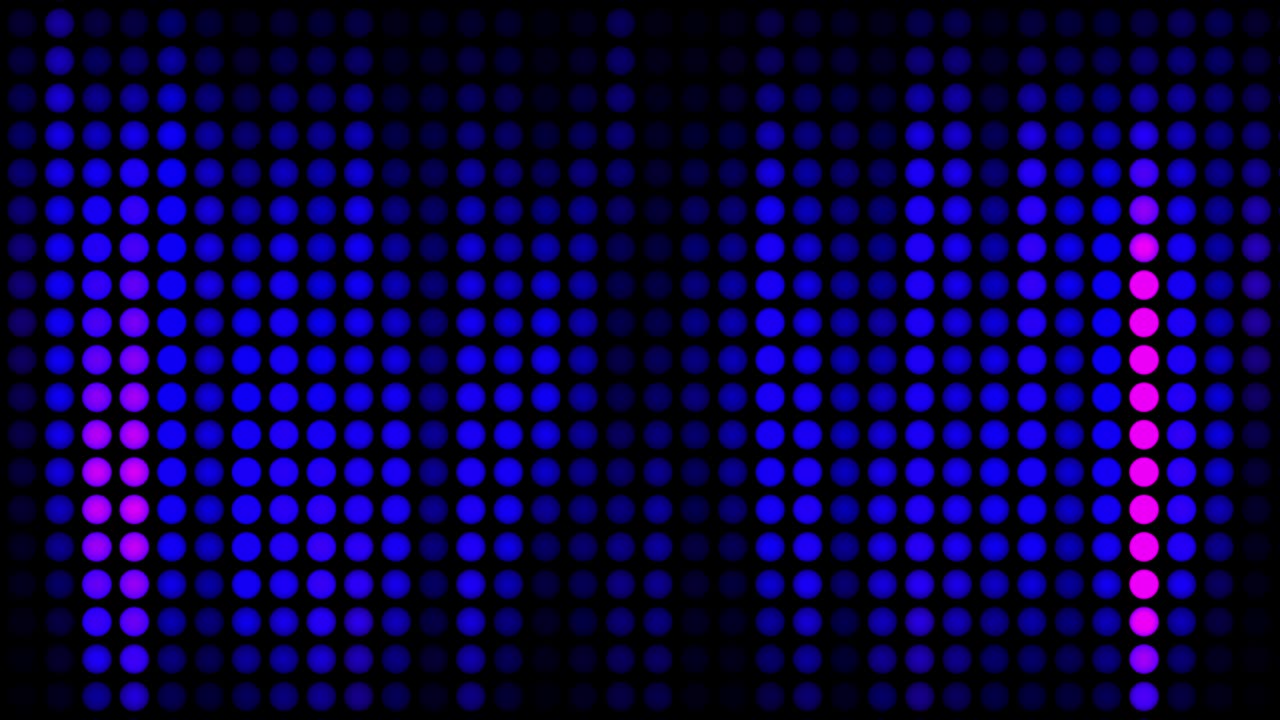 Rendering 3D 4K. Tecnologia digitale astratta, punti blu e rosa, griglia, linea distorta, motivo a mosaico, movimento in loop. Piccoli quadrati scintillanti e lampeggianti con sfarfallio di linea elettrica. Sfondo futuristico hi-tech.