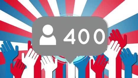 animation of person icon with rising number over over hands and stripes in american flag colours