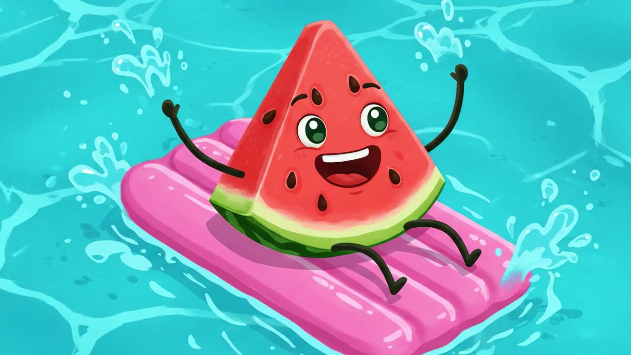 A Cheerful Watermelon Character Enjoys a Sunny Day Floating on a Pink Raft in Vibrant Pool Waters, Exuding Joy and Playfulness in a Fun Animated Scene