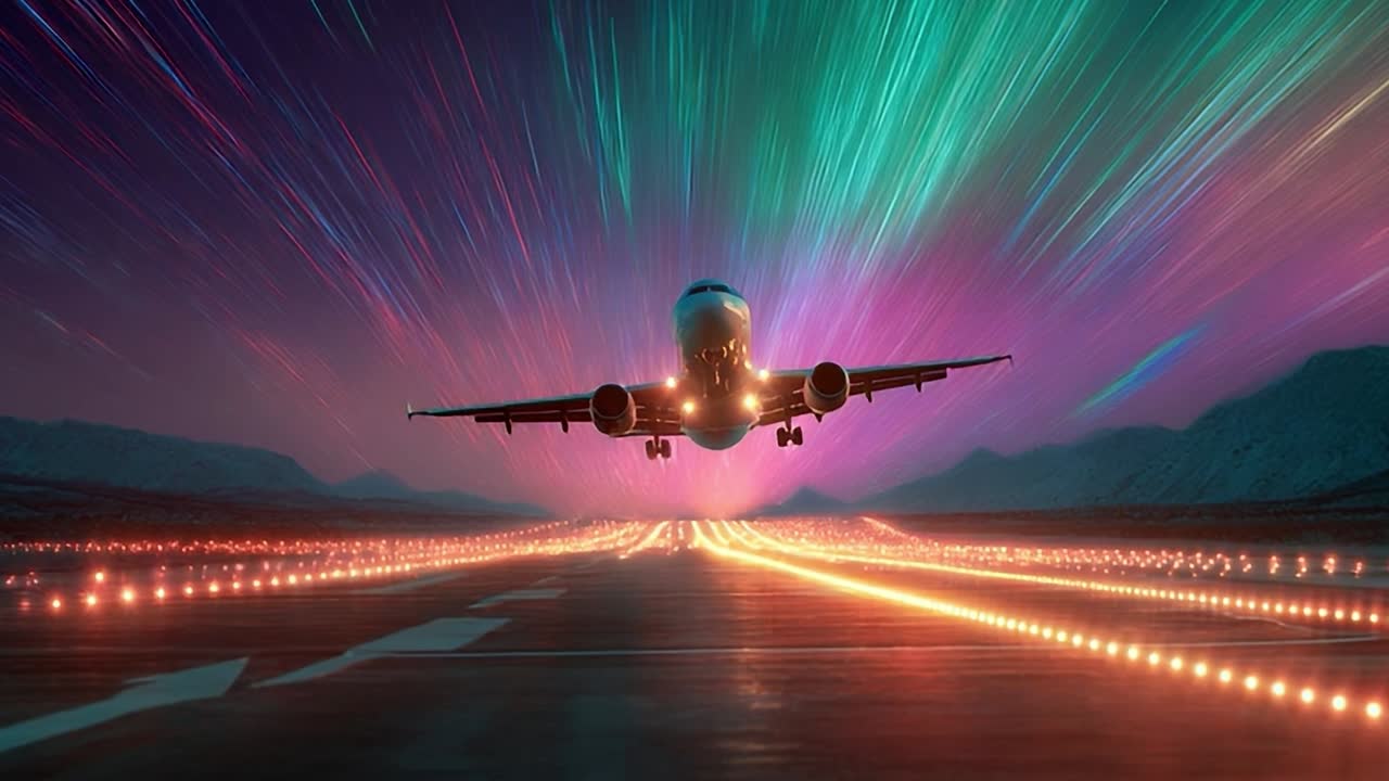 Flugzeug startet nachts vor einem farbenfrohen Himmel