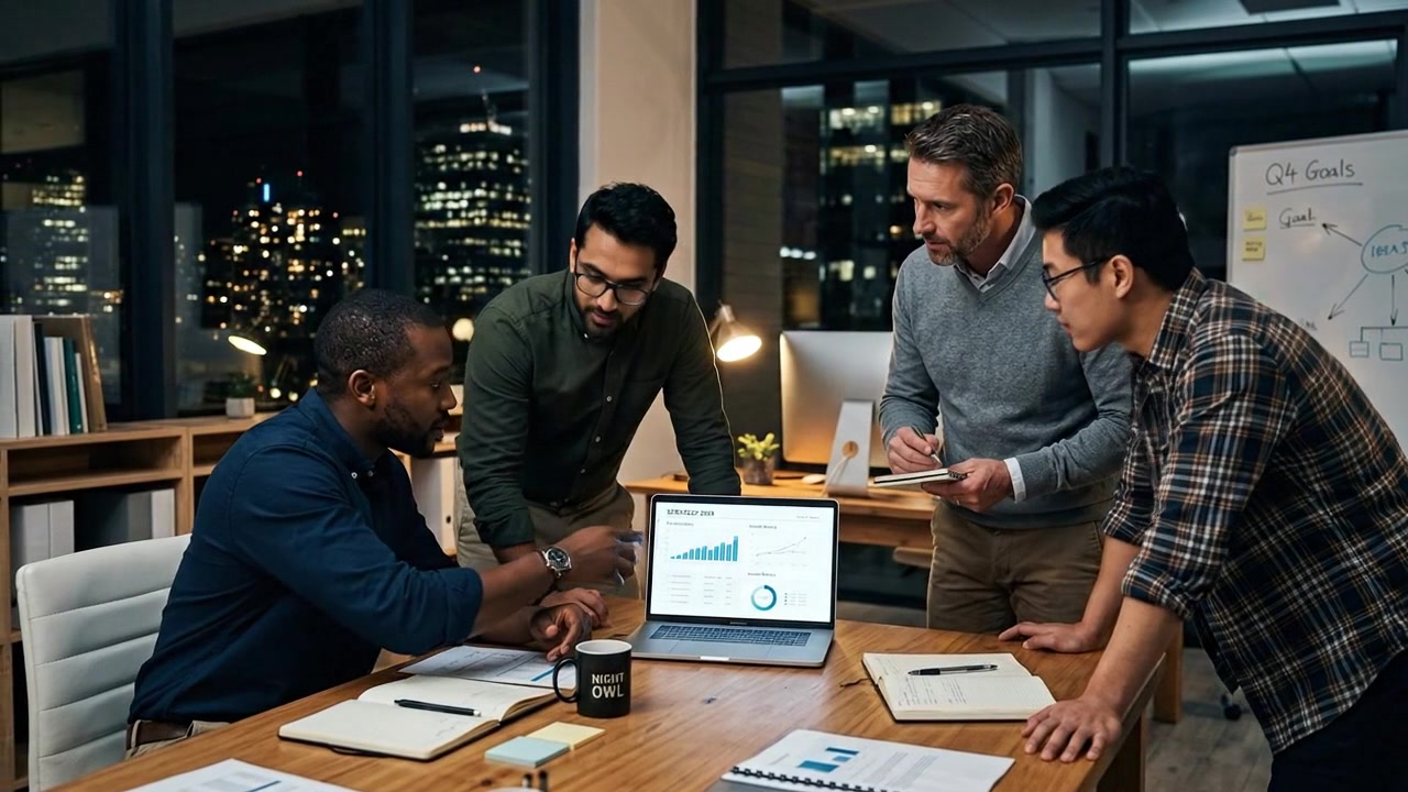 Diverse Business Team Collaborating on Data Analysis in Modern Office at Night