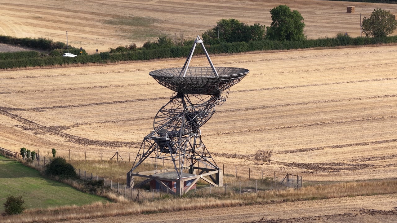 Mullard Radio Astronomy Observatory - One-Mile Telescope Near Cambridge, England, United Kingdom. Aerial Drone Shot