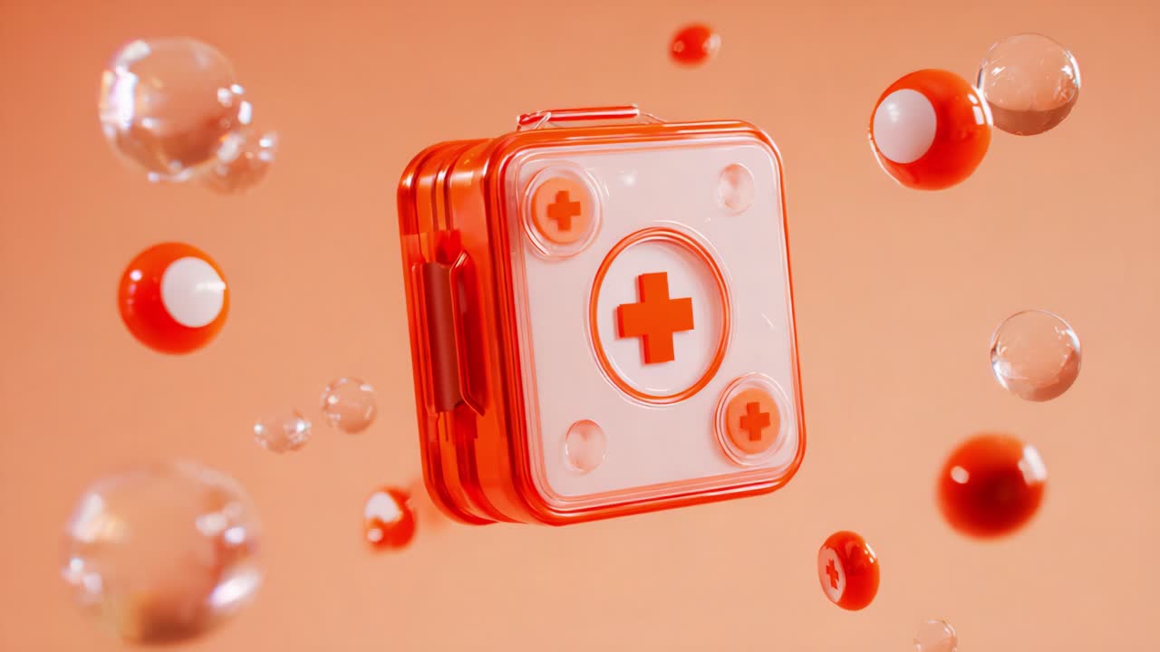 A visually striking depiction of a vibrant first aid kit, floating in a stylish environment surrounded by colorful bubbles, emphasizing safety, health, and preparedness in a contemporary design