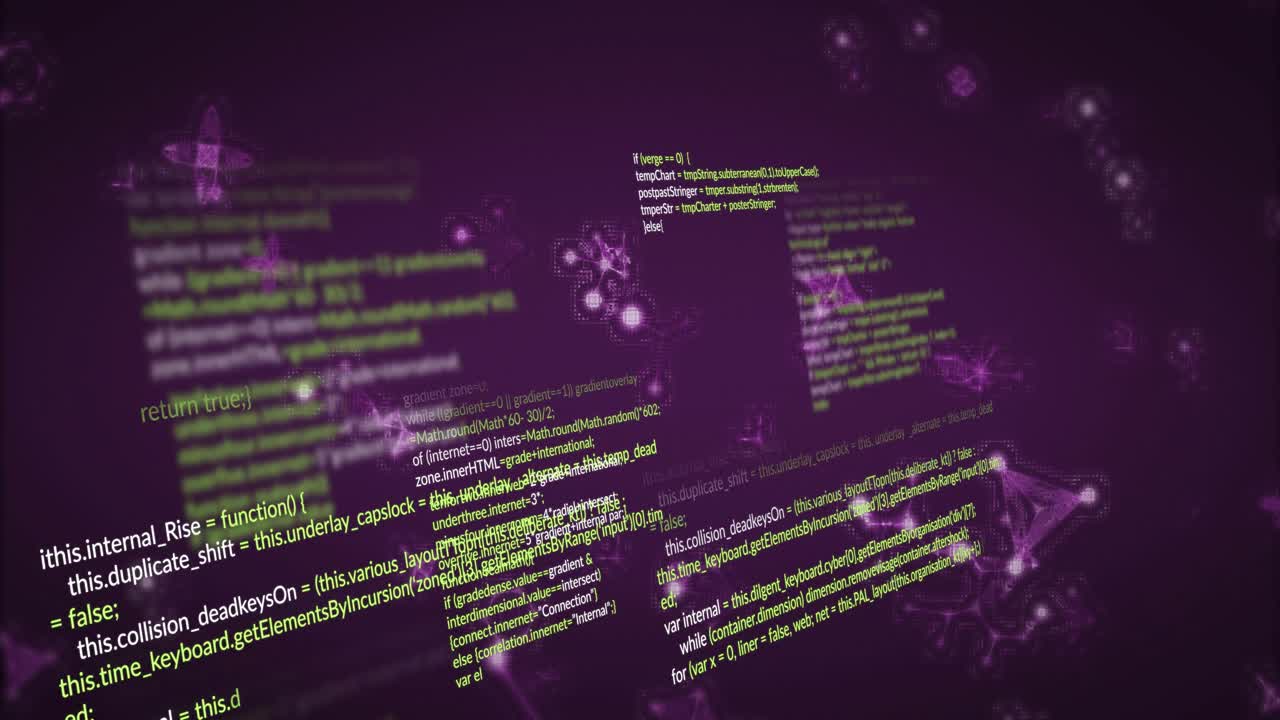 Code panels and glowing nodes appearing, drifting, camera shifting closer, revealing syntax for UI