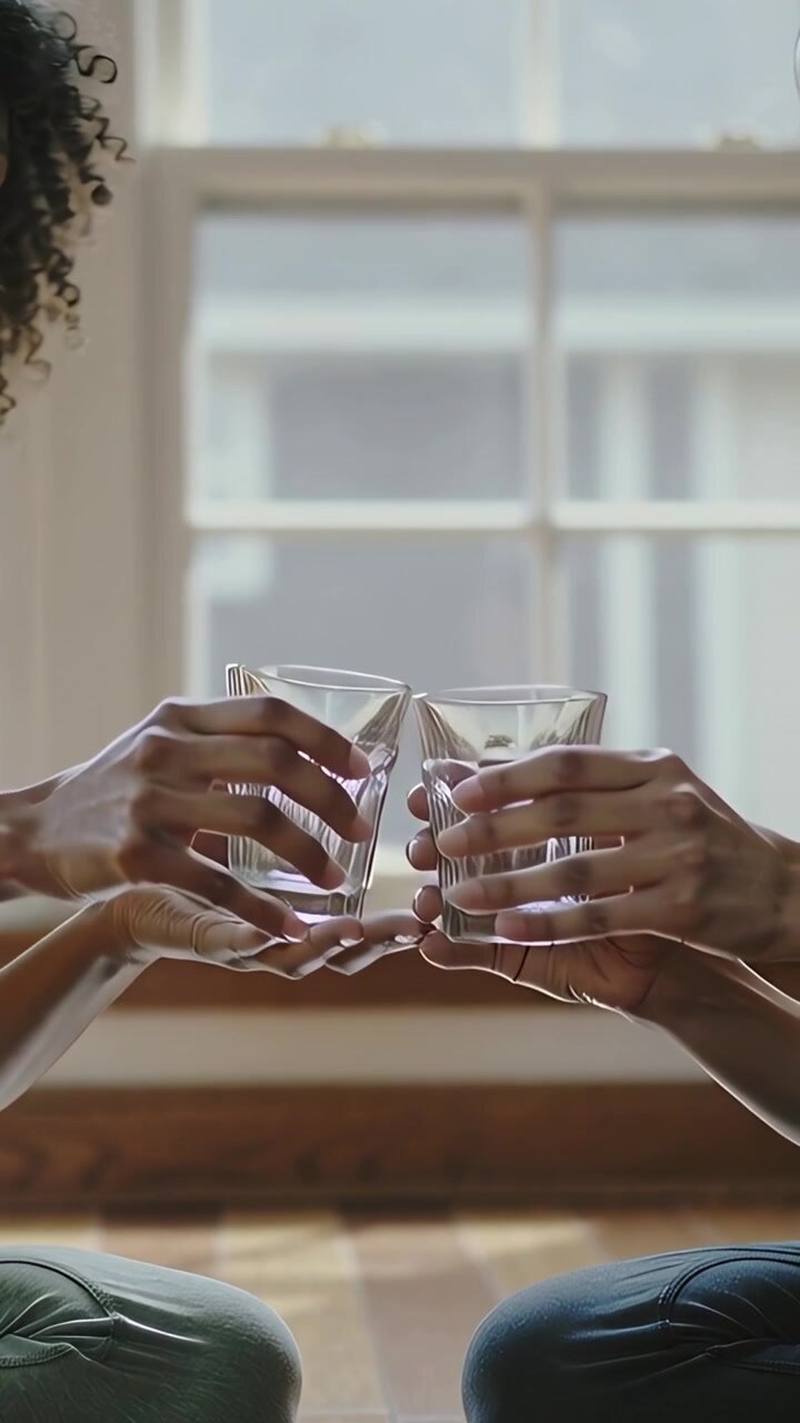 Vertical video: Clinking two women in athletic wear raising glasses after workout in studio