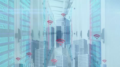 Digital-animation-of-wi-fi-icons-over-cityscape-against-computer-server-room