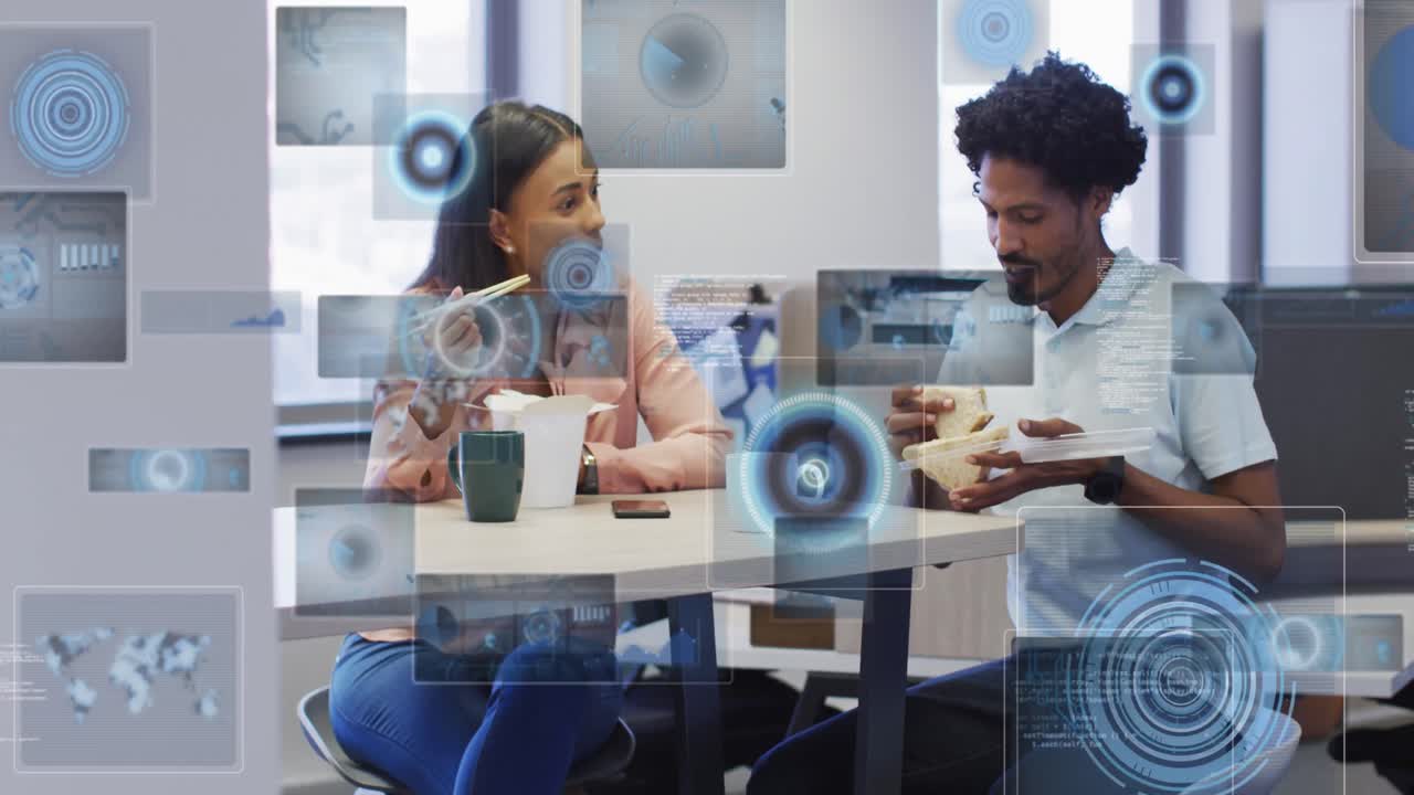 Animation of data processing with scope scanning over diverse business people working at office