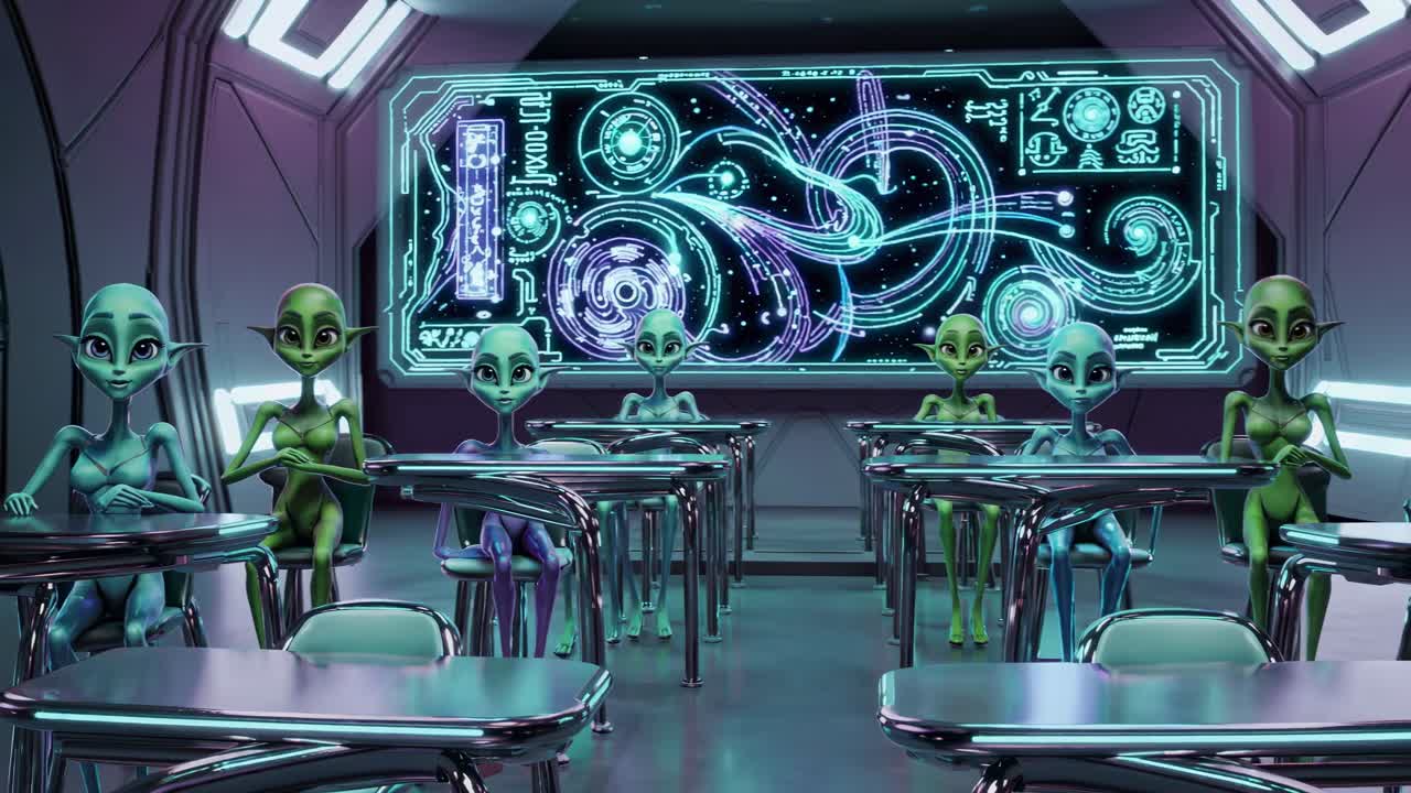 Futuristic classroom with alien students attending a lesson projected on a large screen showing a complex diagram, probably related to astrophysics or quantum physics