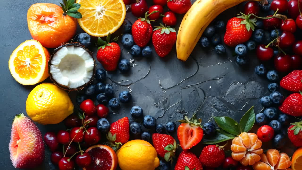 Colorful Fruit Arrangement With Bananas, Berries, and Citrus in August. An array of fresh fruits including bananas, strawberries