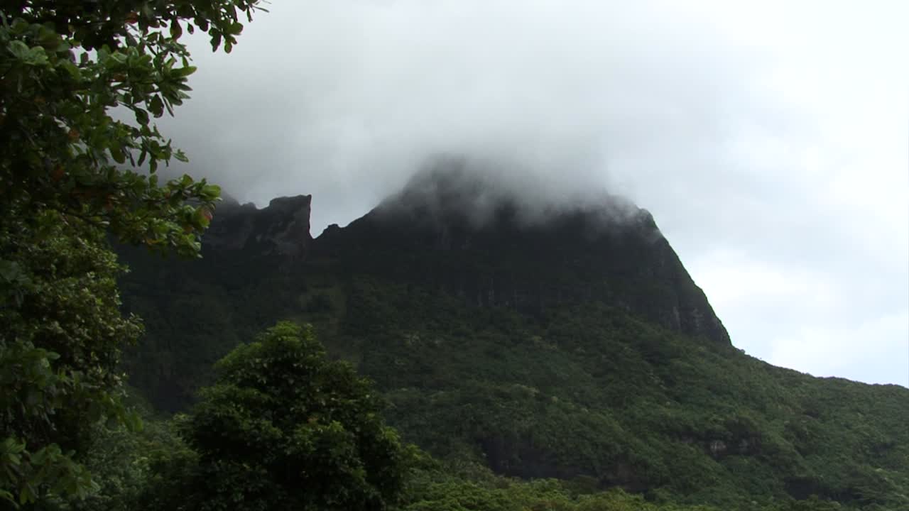montaña cubierta por nubes en moreea, polinesia francesa