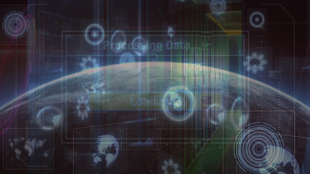 Animation of scope scanning and data processing over globe and server room