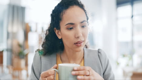 relax, face and business woman with coffee