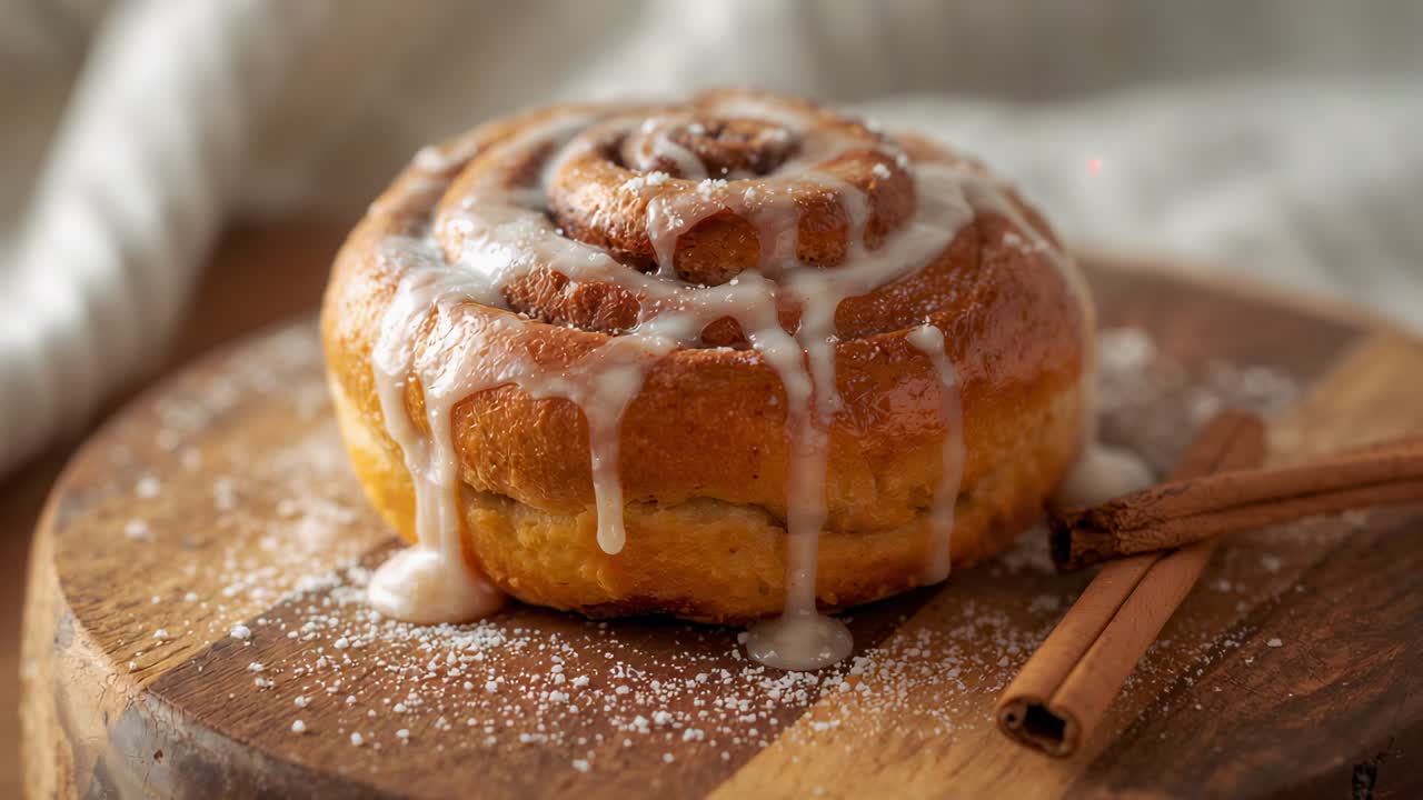 Pooling fresh icing causing cinnamon roll shedding drips on round board with two cinnamon sticks