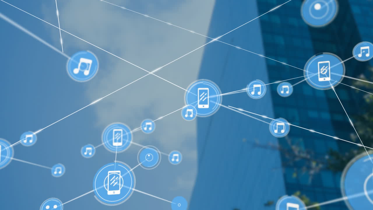 Network of connected devices and music icons animation over urban skyscraper background