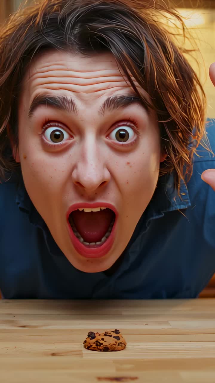 Vertical video: Leaning man in blue shirt grinning and fixating on choc-chip cookie on wooden table