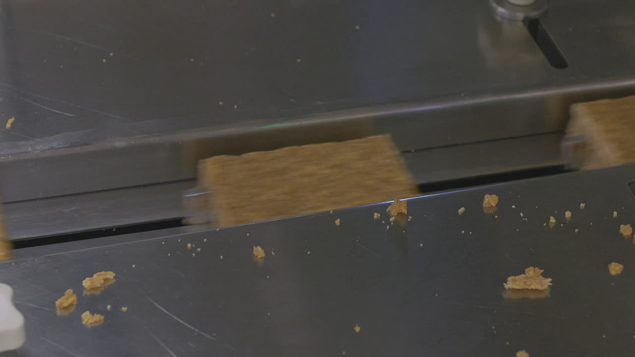 pequeñas rebanadas de flapjack se mueven a gran velocidad a lo largo de una línea de producción a lo largo de un sistema transportador en una fábrica de alimentos
