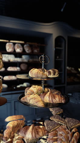 a showcase of freshly baked croissants and bread in a bakery