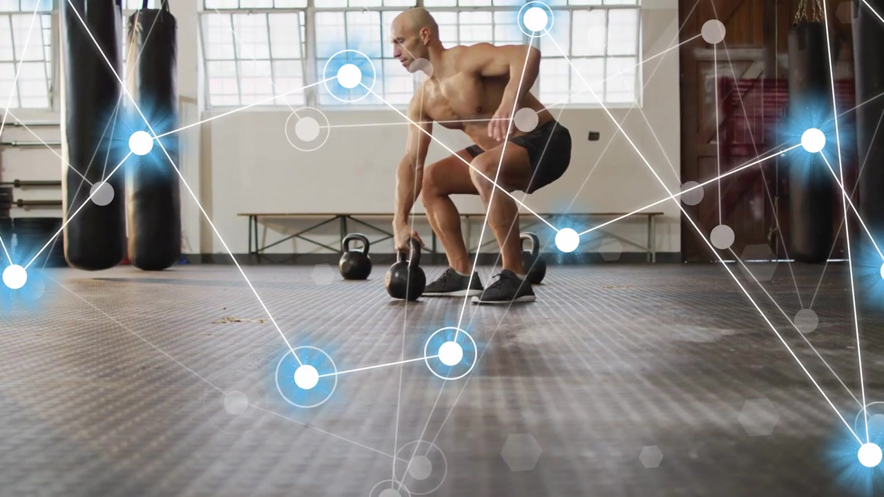 Man reaching kettlebell, lifting with hip drive for fitness, blue nodes overlaying subject rising