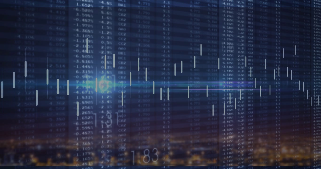 Finance chart shifting candles and numbers over city as blue flare sweeping showing market change