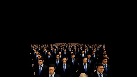 businessmen with a businesswoman in front forming arrow shape pointing up, 4k, against black