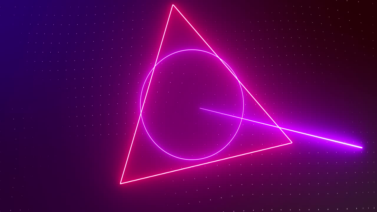 animación de formas de neón rojas y rosadas rotativas con rayos láser rosados y rojos sobre fondo oscuro