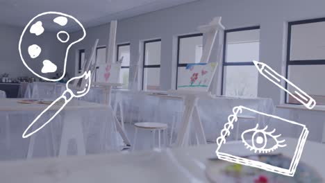 Animation-of-palette,-paint-brush,-pencil-and-sketchbook-over-paintings-on-easels-in-art-classroom