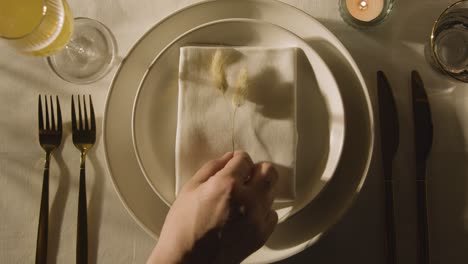 overhead of table setting with plate napkin cutlery and person picking up grass decoration