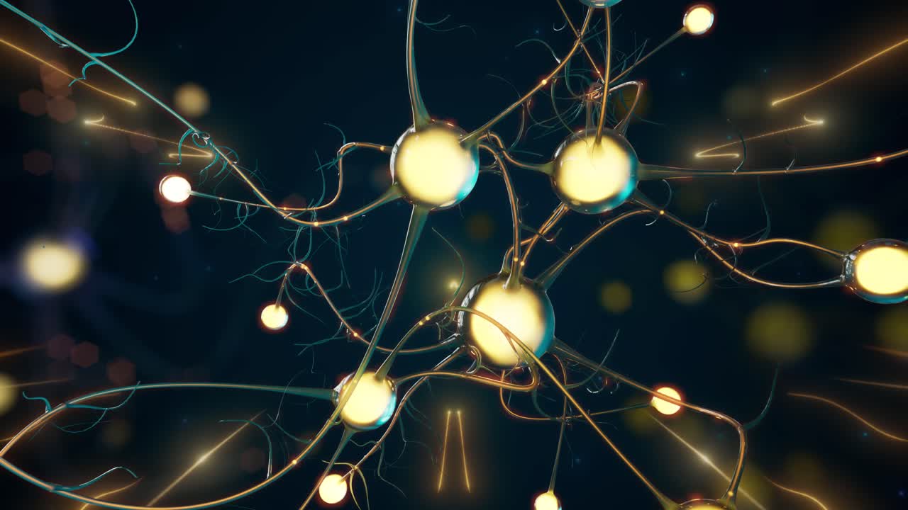 3d animation of glowing human nerve cells on dark background with bokeh
