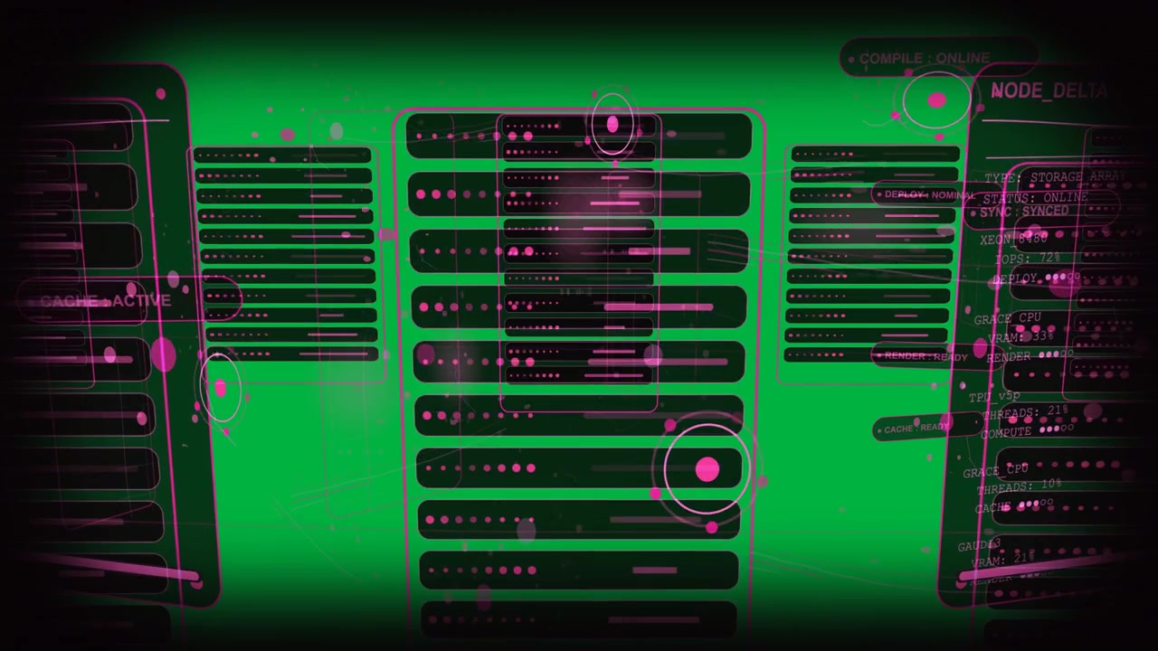 Network interface visualizing data, magenta blob emerging and linking nodes, transparent background