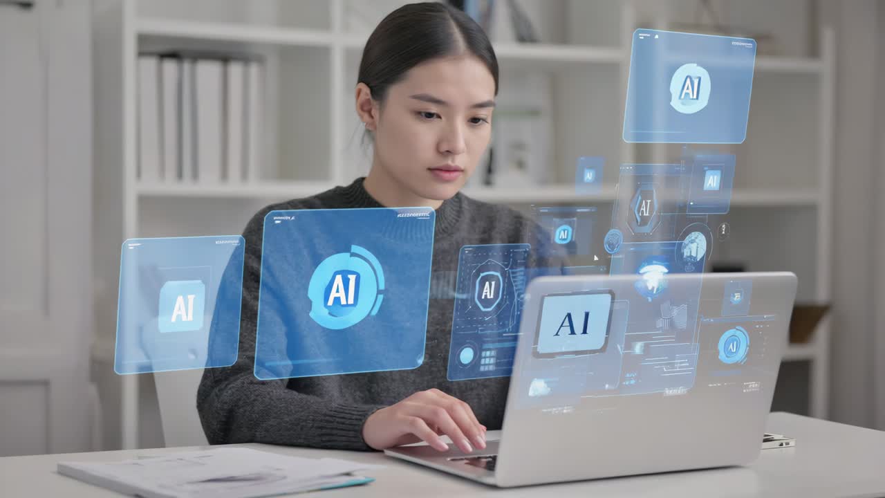 Woman Interacting with AI Holographic Interface on Laptop