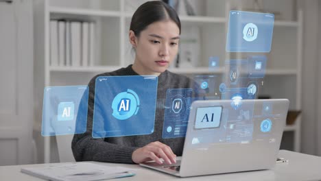 woman interacting with ai holographic interface on laptop