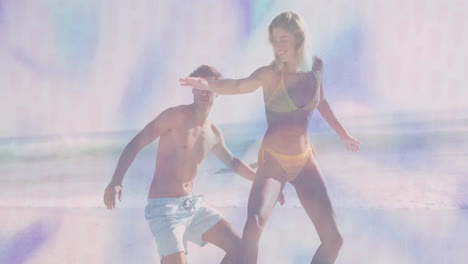 couple dancing and splashing in shallow beach water, with floating heart icons and marketing graph