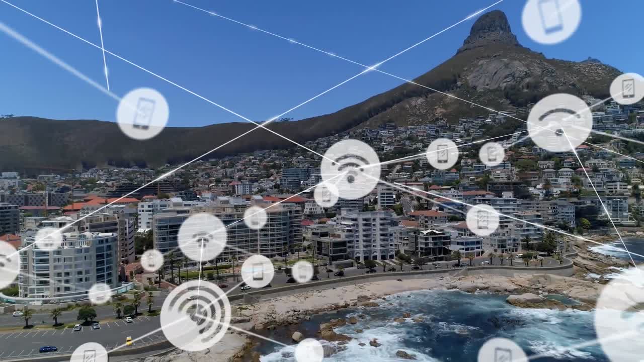 animación de la red de conexiones con iconos sobre el paisaje urbano