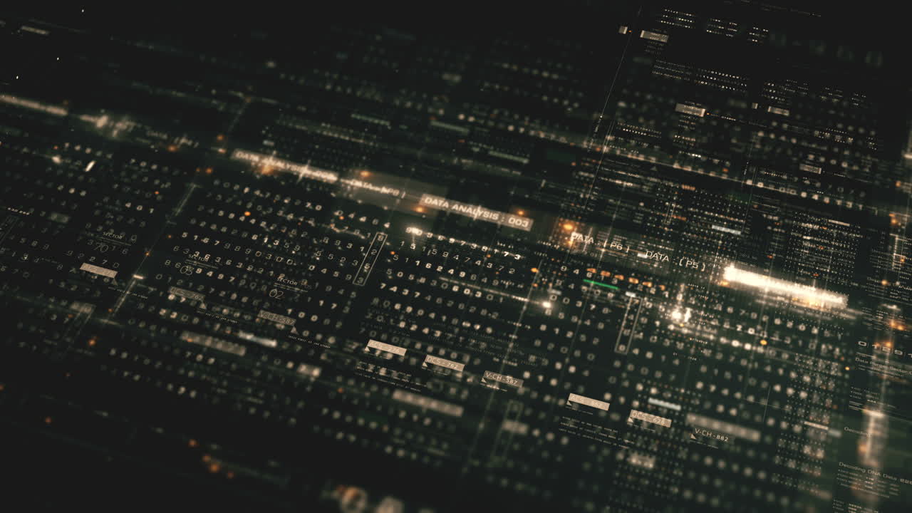 Advance data matrix, telemetry and encrypt numbers simulation user interface display in cyber space abstract de-focus environment background