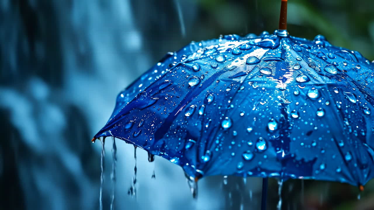Blue umbrella in rain captures drops. A blue umbrella stands in the rain, droplets cascade off the edges, creating a serene atmosphere near a waterfall