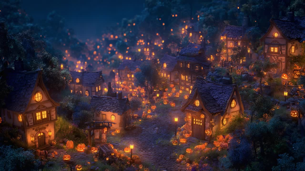 A Magical Night in a Pumpkin-Lit Village: Enchanting Homes Surrounded by Glowing Jack-o'-Lanterns Beneath a Starry Sky, Evoking the Spirit of Celebration and Mystery