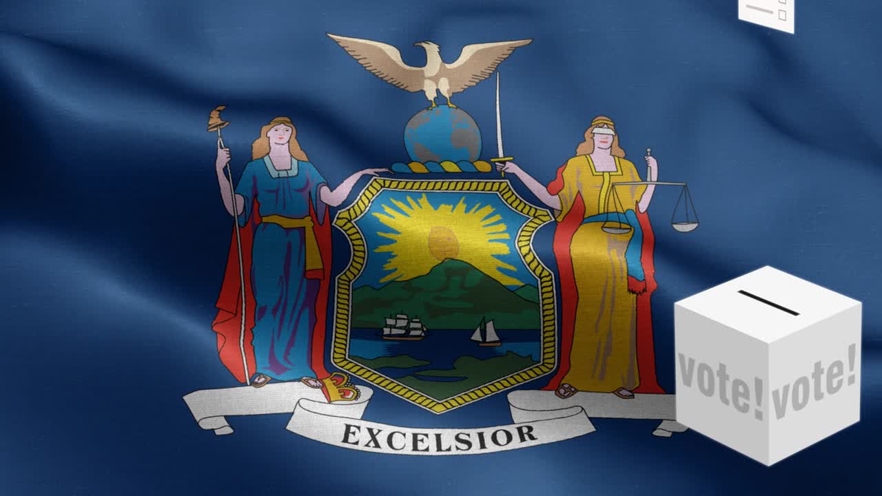 뉴욕 주 - 투표용지가 뉴욕 선택을 위해 상자에 날아갑니다 - 발 앞에 있는 투표용지 - 선거 - 투표 - 국가 발 뉴욕 주 파동 패턴 루프 가능한 요소 - 직물 질감과 끝없는 루프 - 뉴욕 주 루프 가능한 발