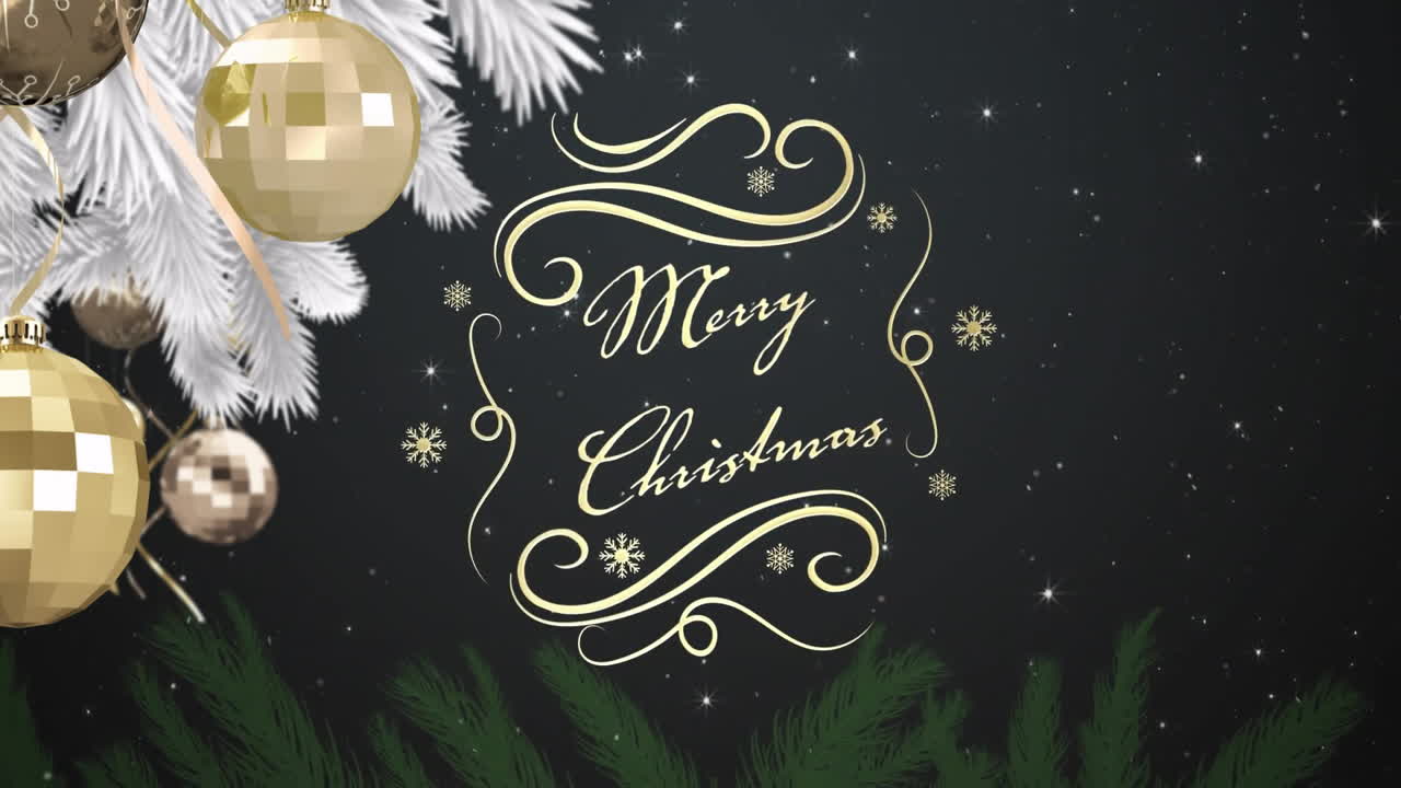 Merry Christmas text animation over gold ornaments and festive pine branches