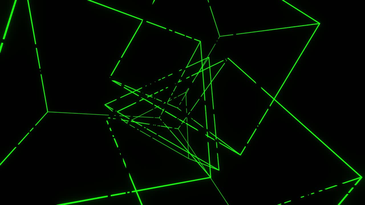 A tunnel of flying, flickering neon lines and shapes. VJ loop animation for clips and holiday decorations.