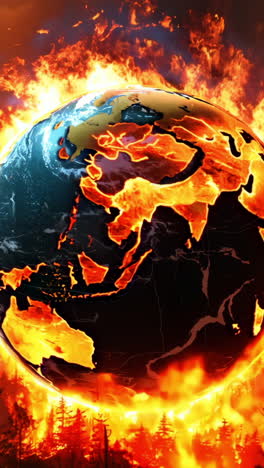 A fire is burning in a forest and the sky is orange. The fire is so big that it is almost touching the earth
