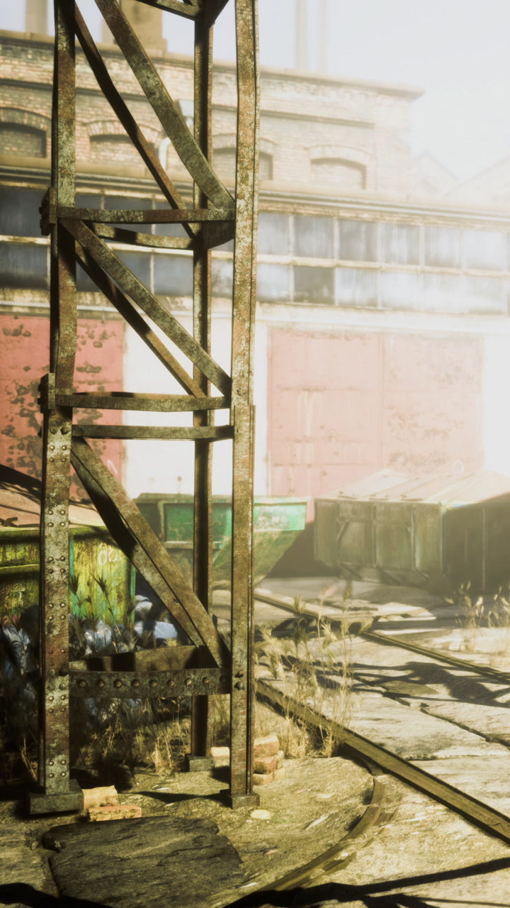 Abandoned industrial site bathed in soft morning light and mysterious shadows