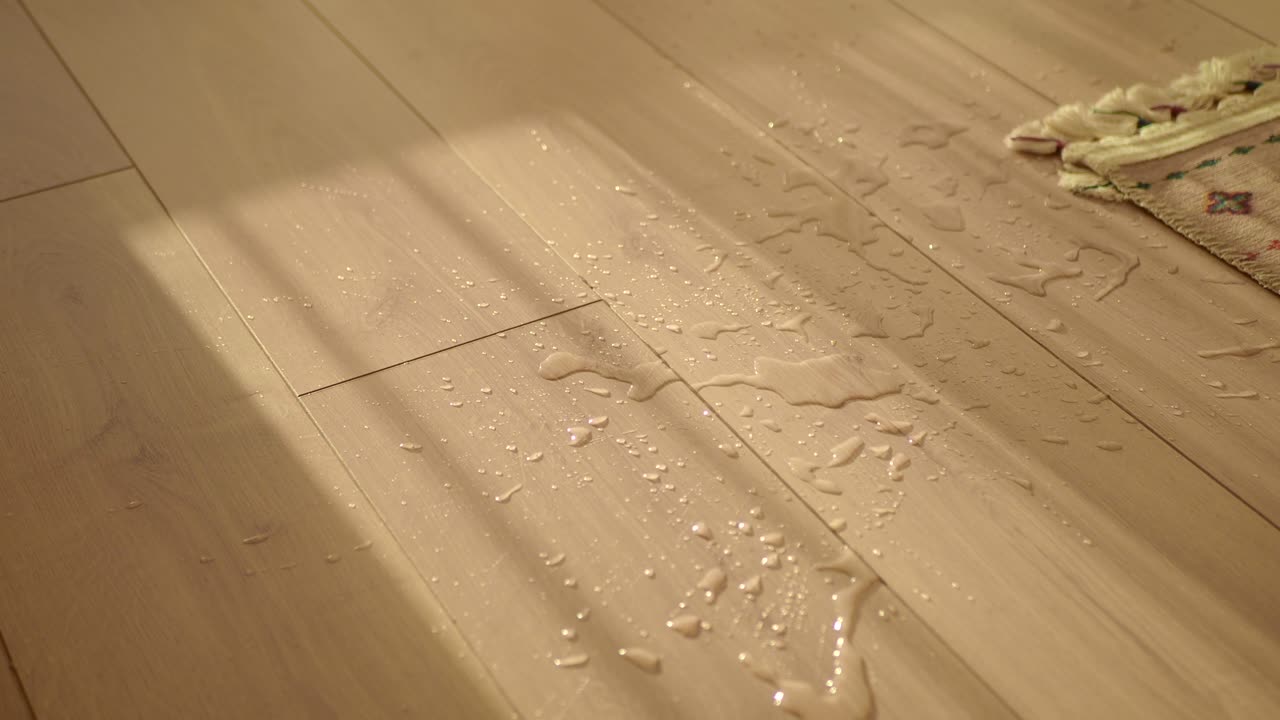 Water Spills on Wooden Floor with Rug