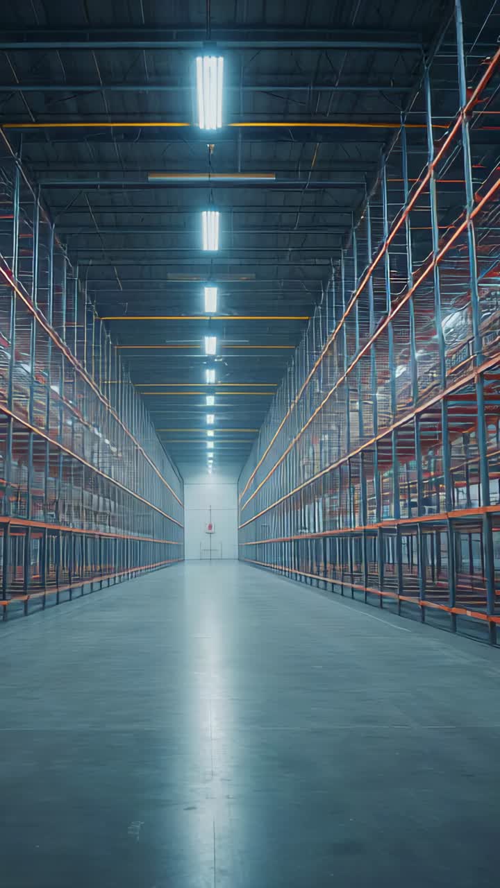 Vertical video: Starting camera moving in storage aisle, passing empty racks toward extinguisher